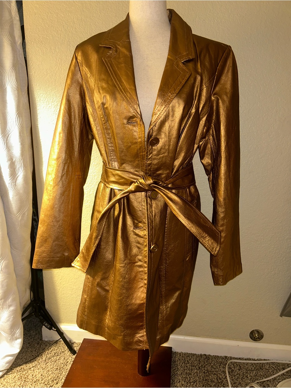 Metallic Golden Copper Genuine Leather Trench Coat
